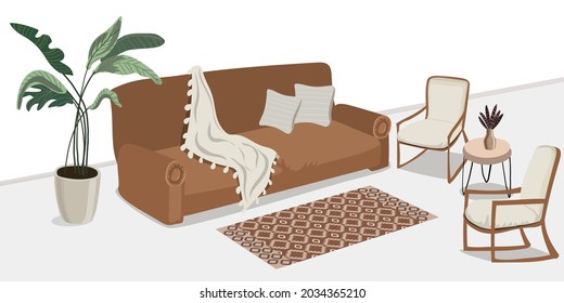 White minimalistic interior in boho style. A sofa, a blanket and two pillows, a houseplant, two armchairs and a table.