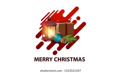 White minimalistic modern Christmas postcard with gift, vintage lantern, Christmas tree branch with a cone and a Christmas ball