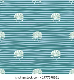 White minimalistic palm licuala ornament seamless pattern. Blue striped background. Nature backdrop. Designed for fabric design, textile print, wrapping, cover. Vector illustration.