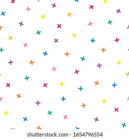 White minimalistic seamless pattern with color crosses. Repeataple simple unusual background. Can be used like wrapping paper, textile cover, wallpaper and etc.