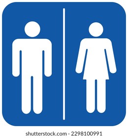 White Minimalistic Woman and Man public toilet sign on blue smooth square. Restroom door pictograms vector illustration