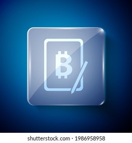 White Mining bitcoin from graphic tablet icon isolated on blue background. Cryptocurrency mining, blockchain technology service. Square glass panels. Vector