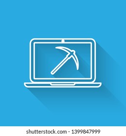 White Mining concept with laptop and pickaxe line icon isolated with long shadow. Blockchain technology, cryptocurrency mining, digital money market. Vector Illustration