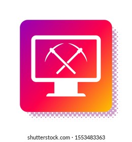 White Mining concept with laptop and pickaxe icon isolated on white background. Blockchain technology, cryptocurrency mining, digital money market. Square color button. Vector Illustration