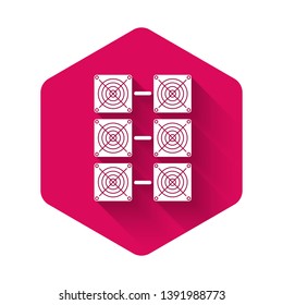 White Mining farm icon isolated with long shadow. Cryptocurrency mining, blockchain technology, bitcoin, digital money market, cryptocoin wallet. Pink hexagon button. Vector Illustration