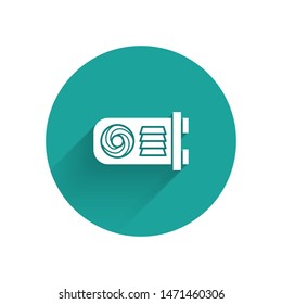 White Mining farm icon isolated with long shadow. Cryptocurrency mining, blockchain technology, bitcoin, digital money market, wallet. Green circle button. Vector Illustration