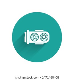 White Mining farm icon isolated with long shadow. Cryptocurrency mining, blockchain technology, digital money market, cryptocoin wallet. Green circle button. Vector Illustration
