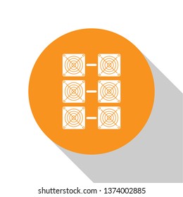 White Mining farm icon on white background. Cryptocurrency mining, blockchain technology, bitcoin, digital money market, cryptocoin wallet. Orange circle button. Flat design. Vector Illustration