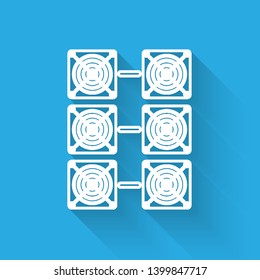 White Mining farm line icon isolated with long shadow. Cryptocurrency mining, blockchain technology, bitcoin, digital money market, cryptocoin wallet. Vector Illustration
