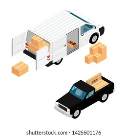 White minivan cargo delivery van and black pickup car deliver cardboard boxes isolated on white background isometric view