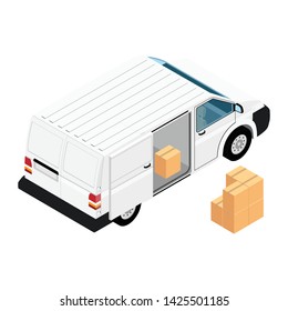 White minivan cargo delivery van deliver cardboard boxes isolated on white background isometric view