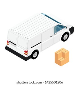 White minivan cargo delivery van deliver cardboard boxes isolated on white background isometric view