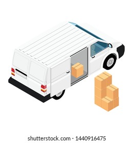 White minivan cargo delivery van deliver cardboard boxes isolated on white background isometric view