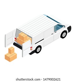 White minivan cargo delivery van deliver cardboard boxes isolated on white background isometric view