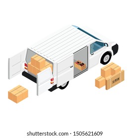 White minivan cargo delivery van deliver cardboard boxes isolated on white background isometric view