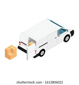 White minivan cargo delivery van deliver cardboard boxes isolated on white background isometric view