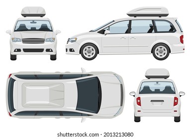 Plantilla vectorial de minivan blanca con colores simples sin gradientes y efectos. Vista desde un lado, frente, atrás y superior