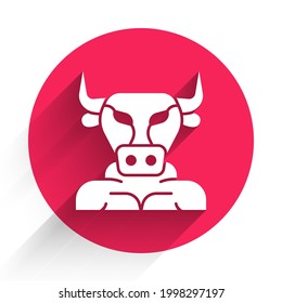 White Minotaur icon isolated with long shadow. Mythical greek powerful creature the half human bull legendary minotaur from cretan labyrinth. Red circle button. Vector