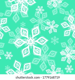 White and mint green Snowflake seamless pattern on green background. Vector holiday illustration for greeting card, decoration, sign, banner, Christmas accessory, wrapping paper, textile. Vintage