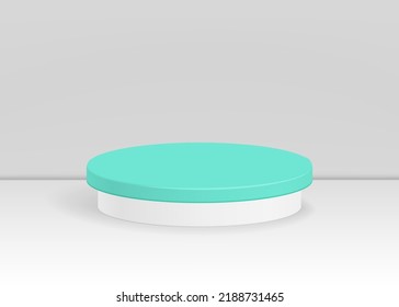 White and mint podium. Blank round pedestal. Awarded winner podium for outstanding luxury cosmetic product advertising on gray gradient lighting background