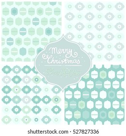 white mint turquoise blue pastel Christmas seamless pattern set with retro frame and wishes in English 
