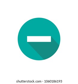 White minus with shadow in blue circle. Flat vector icon isolated on white.  Add or plus purchase pictogram.  Good for web and mobile design.