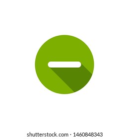 White minus with shadow in green circle. Flat vector icon isolated on white.  Add or plus purchase pictogram.  Good for web and mobile design.