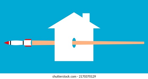 White missile rocket warhead frying air strikes attack destroyed building city home in war with blue background icon flat vector design.