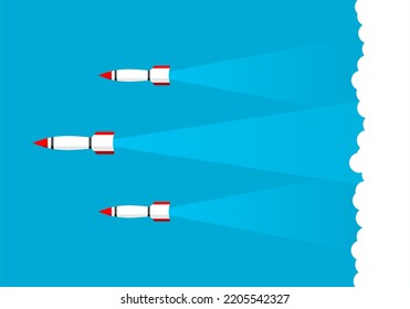 White Missile Rocket Warhead Launch Frying Air Strikes In War With Cloud Blue Sky Background Icon Flat Vector Design.