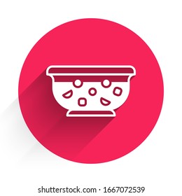 White Mixed punch with fresh fruits in bowl icon isolated with long shadow. Red circle button. Vector Illustration