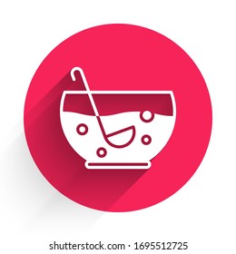 White Mixed punch with fresh fruits in bowl icon isolated with long shadow. Red circle button. Vector Illustration