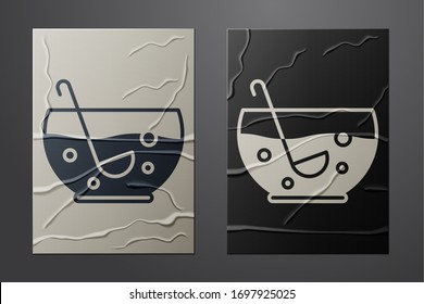 White Mixed punch with fresh fruits in bowl icon isolated on crumpled paper background. Paper art style. Vector Illustration