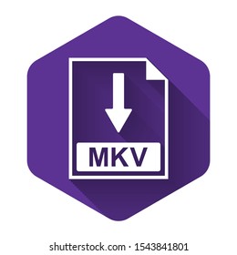 White MKV file document icon. Download MKV button icon isolated with long shadow. Purple hexagon button. Vector Illustration