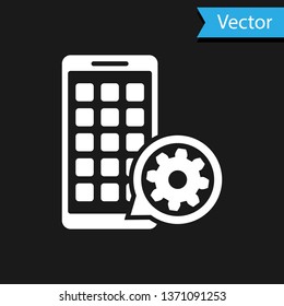 White Mobile Apps and gear icon isolated on black background. Adjusting app, service concept, setting options, maintenance, repair, fixing. Vector Illustration