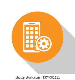 White Mobile Apps and gear icon isolated on white background. Adjusting app, service concept, setting options, maintenance, repair, fixing. Orange circle button. Vector Illustration