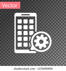 White Mobile Apps and gear icon isolated on transparent background. Adjusting app, service concept, setting options, maintenance, repair, fixing. Vector Illustration