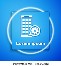 White Mobile Apps and gear icon isolated on blue background. Adjusting app, service concept, setting options, maintenance, repair, fixing. Blue square button. Vector Illustration