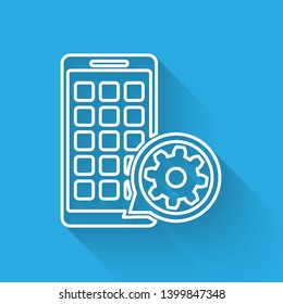 White Mobile Apps and gear line icon isolated with long shadow. Adjusting app, service concept, setting options, maintenance, repair, fixing. Vector Illustration