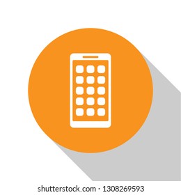 White Mobile Apps icon isolated on white background. Smartphone with screen icons, applications. mobile phone showing screen. Orange circle button. Flat design. Vector Illustration