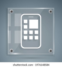 White Mobile Apps icon isolated on grey background. Smartphone with screen icons, applications. mobile phone showing screen. Square glass panels. Vector