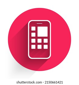 Icono de aplicaciones móviles blancas aisladas con gran sombra. Smartphone con iconos de pantalla, aplicaciones. teléfono móvil mostrando pantalla. Botón de círculo rojo. Vector
