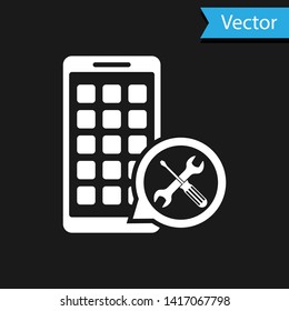 White Mobile Apps with screwdriver and wrench icon isolated on black background. Adjusting, service, setting, maintenance, repair, fixing.  Vector Illustration