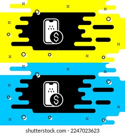 Icono de la banca móvil blanca aislado en fondo negro. Transferir dinero a través de la banca móvil en la pantalla del teléfono móvil.  Vector