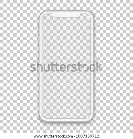 White mobile concept with empty screen for any application design and backdrop, phone template isolated on transparent background. High quality vector illustration in 3d style.