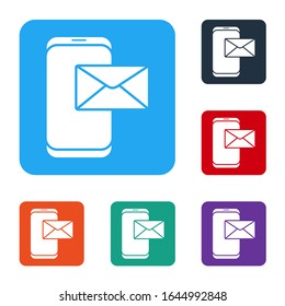 White Mobile and envelope, new message, mail icon isolated on white background. Usage for e-mail newsletters, headers, blog posts. Set icons in color square buttons. Vector Illustration