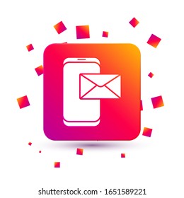 White Mobile and envelope, new message, mail icon isolated on white background. Usage for e-mail newsletters, headers, blog posts. Square color button. Vector Illustration