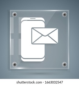 White Mobile and envelope, new message, mail icon isolated on grey background. Usage for e-mail newsletters, headers, blog posts. Square glass panels. Vector Illustration