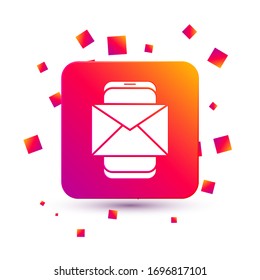 White Mobile and envelope, new message, mail icon isolated on white background. Usage for e-mail newsletters, headers, blog posts. Square color button. Vector Illustration