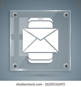 White Mobile and envelope, new message, mail icon isolated on grey background. Usage for e-mail newsletters, headers, blog posts. Square glass panels. Vector Illustration