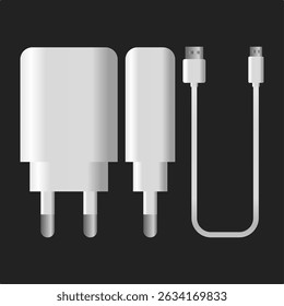 White Mobile Phone Battery Charger Vector. Charger Front and Side View. Charger on White Background.